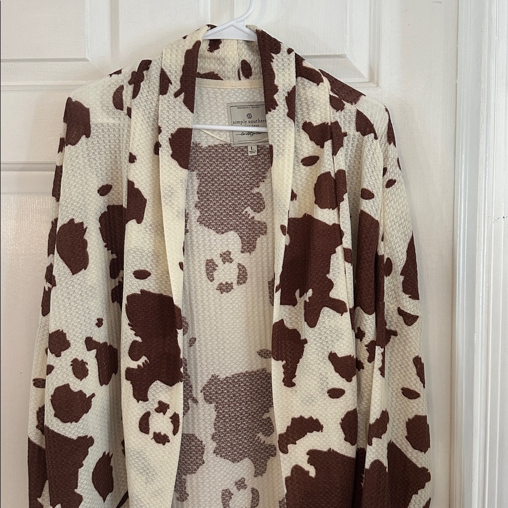 NWOT Women’s Simply Southern Brown & Cream Cow Print Waffle Knit Cardigan Sz L - Picture 2 of 8